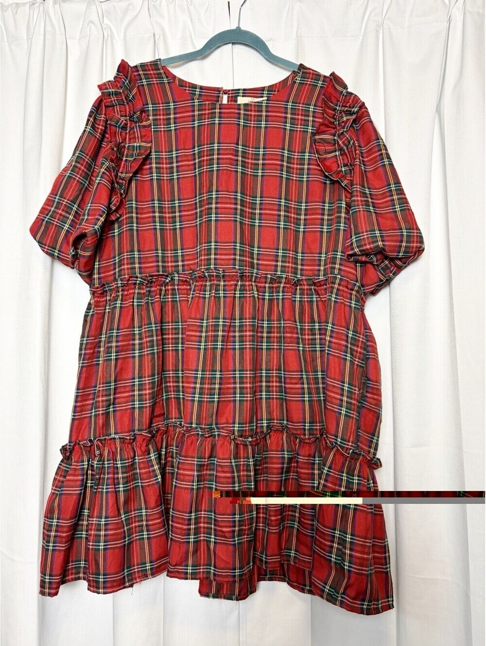 NWT Entro Judy Puff Sleeve Red Plaid Ruffle Tiered Mini Dress Size 1X Retail $78 - Picture 4 of 9